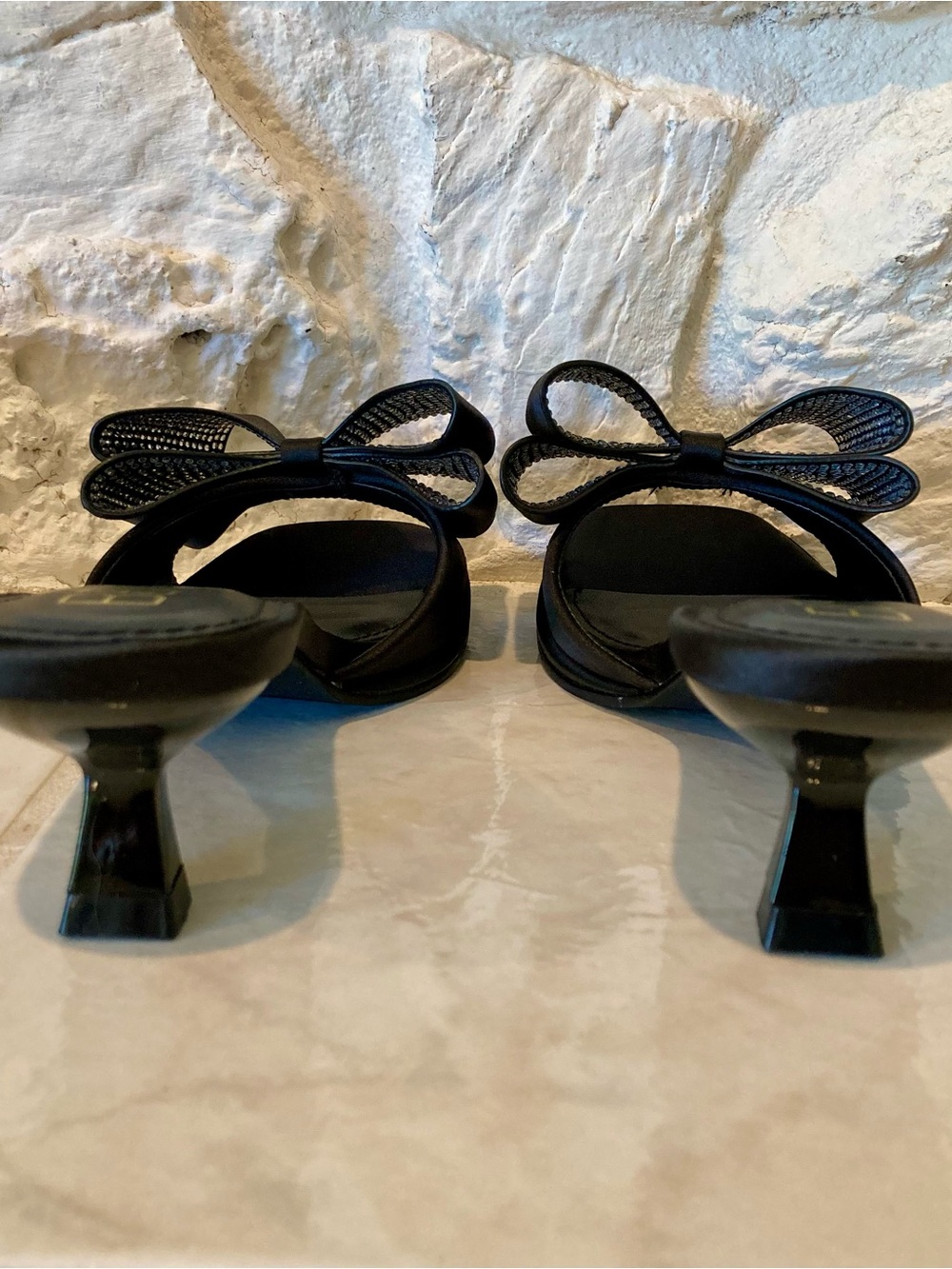 Matisse Black Satin Bow Kitten Heel Mules with Crystal Accent - Picture 8 of 16